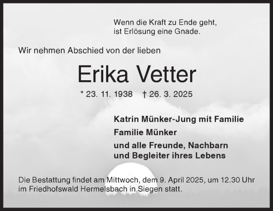 Traueranzeige von Erika Vetter von Siegener Zeitung