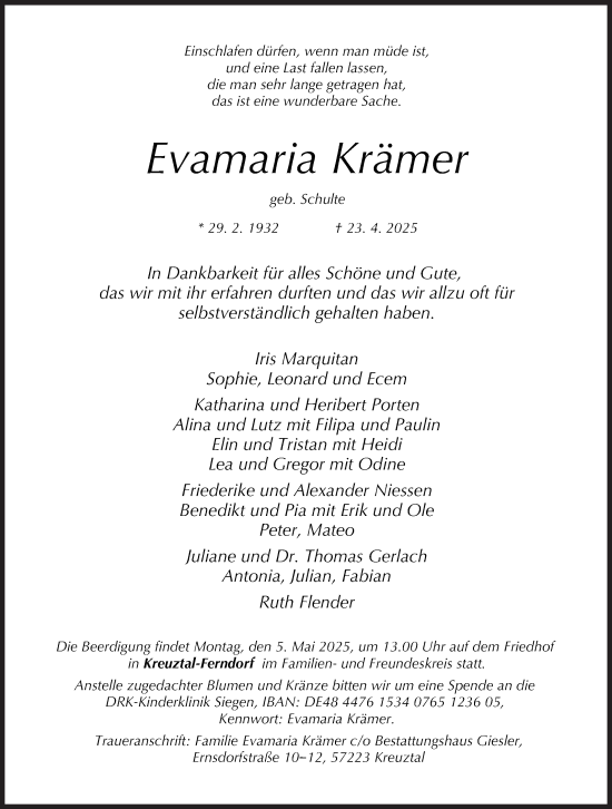 Traueranzeige von Evamaria Krämer von Siegener Zeitung