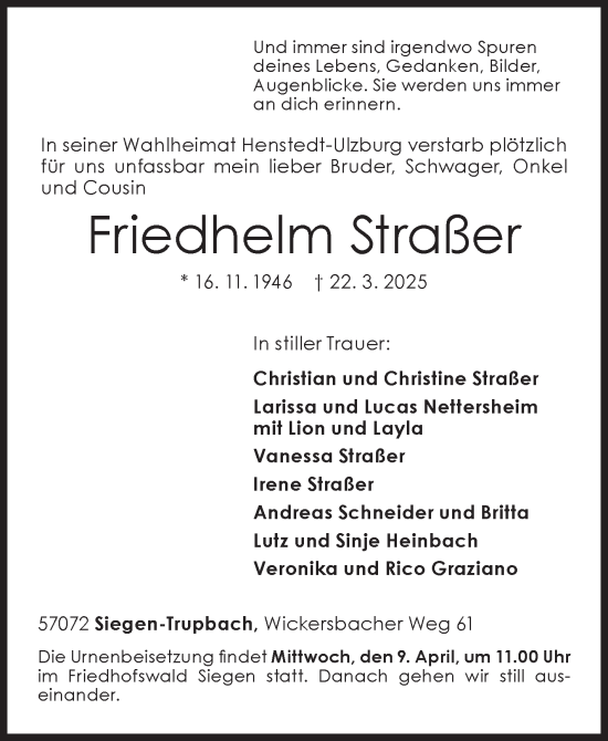 Traueranzeige von Friedhelm Straßer von Siegener Zeitung