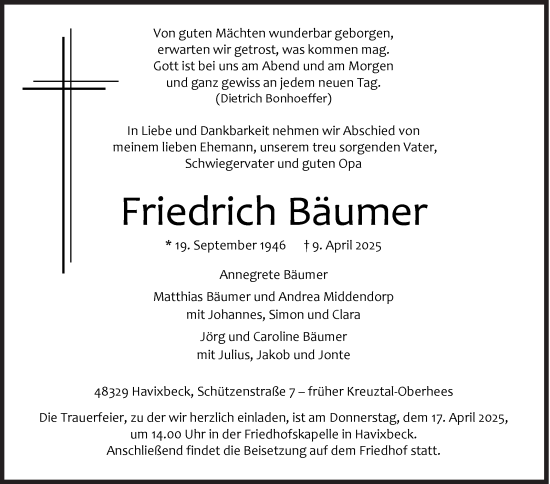 Traueranzeige von Friedrich Bäumer von Siegener Zeitung
