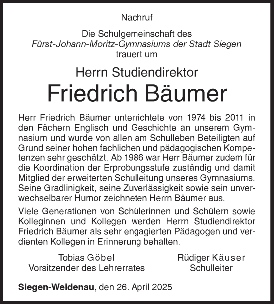 Traueranzeige von Friedrich Bäumer von Siegener Zeitung