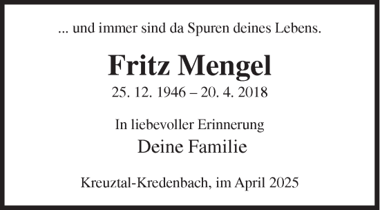 Traueranzeige von Fritz Mengel von Siegener Zeitung