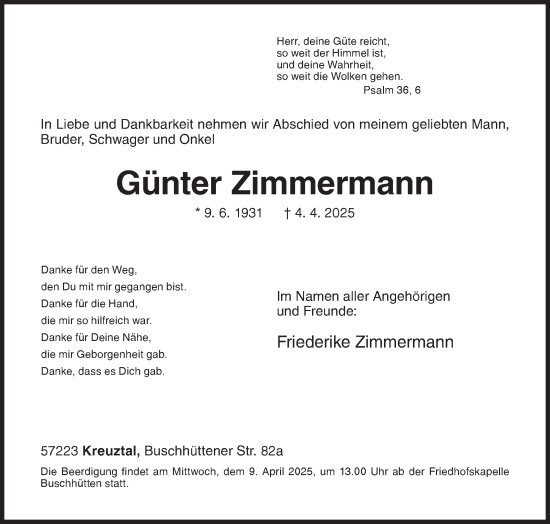 Traueranzeige von Günter Zimmermann von Siegener Zeitung