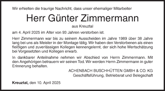 Traueranzeige von Günter Zimmermann von Siegener Zeitung
