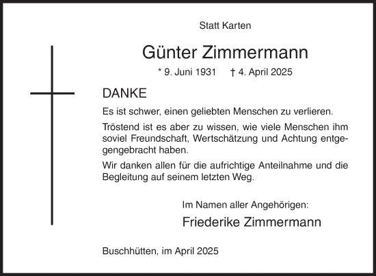 Traueranzeige von Günter Zimmermann von Siegener Zeitung
