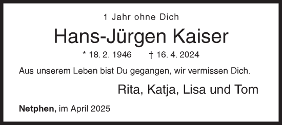 Traueranzeige von Hans-Jürgen Kaiser von Siegener Zeitung