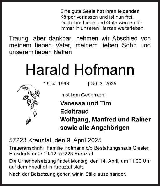 Traueranzeige von Harald Hofmann von Siegener Zeitung