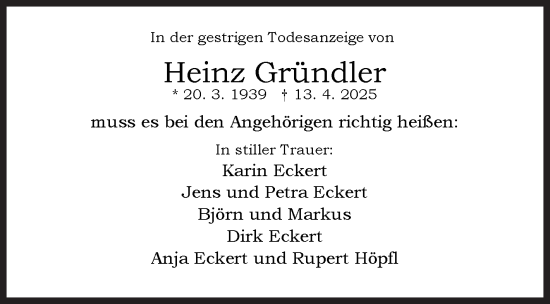 Traueranzeige von Heinz Gründler von Siegener Zeitung