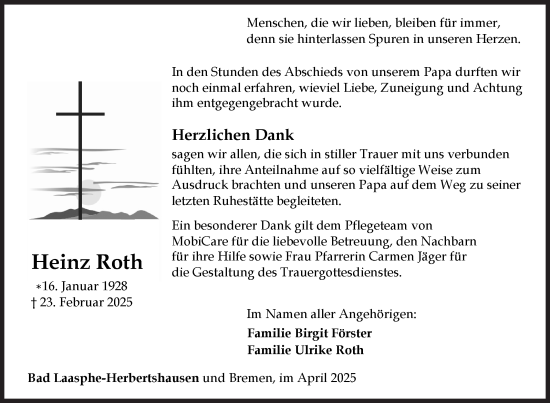 Traueranzeige von Heinz Roth von Siegener Zeitung