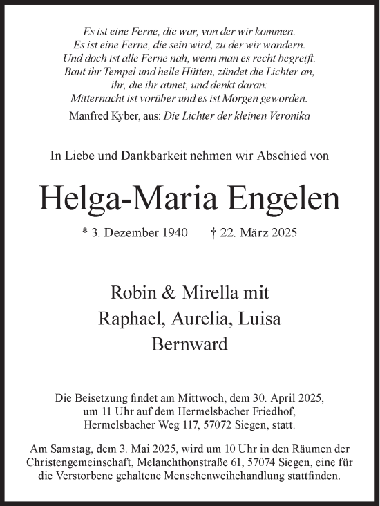 Traueranzeige von Helga-Maria Engelen von Siegener Zeitung
