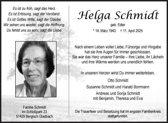 Traueranzeige von Helga Schmidt von Siegener Zeitung