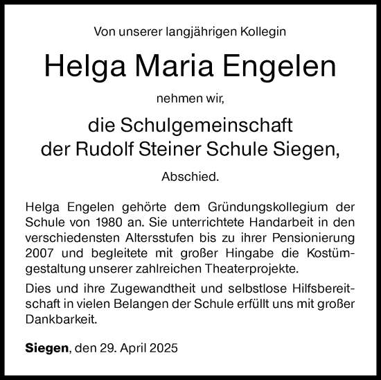 Traueranzeige von Helga Maria Engelen von Siegener Zeitung