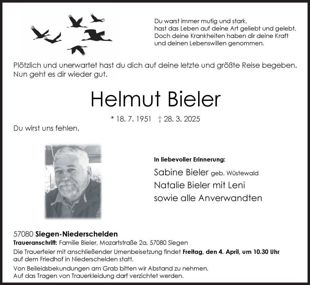  Traueranzeige für Helmut Bieler vom 01.04.2025 aus Siegener Zeitung