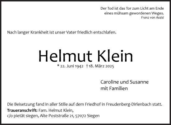 Traueranzeige von Helmut Klein von Siegener Zeitung