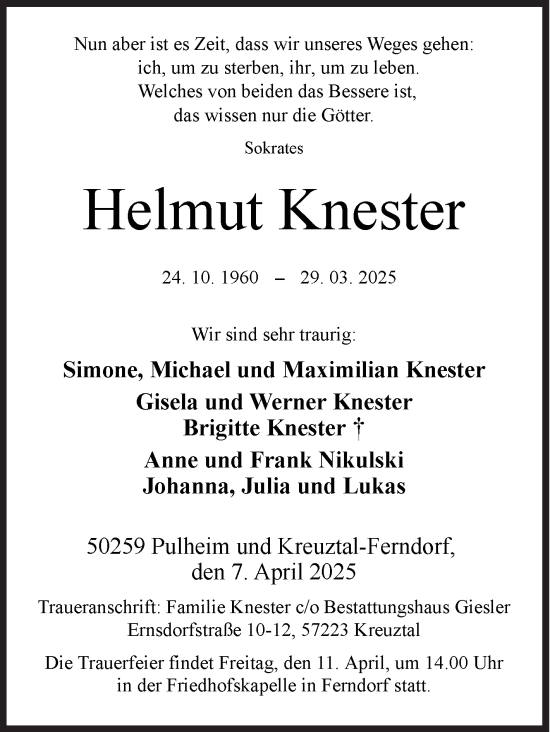 Traueranzeige von Helmut Knester von Siegener Zeitung
