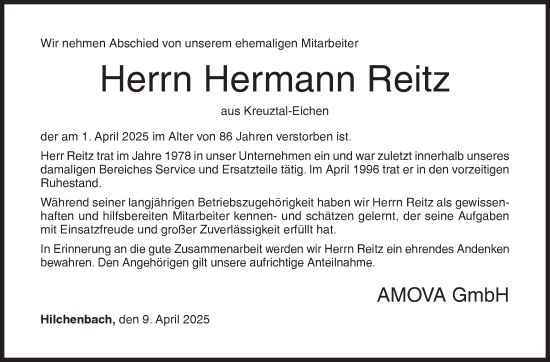 Traueranzeige von Hermann Reitz von Siegener Zeitung