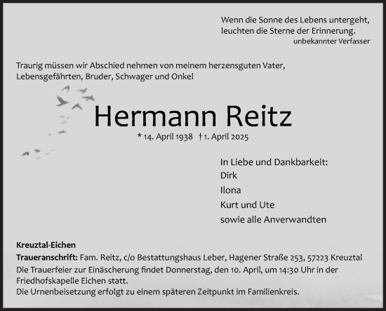 Traueranzeige von Hermann Reitz von Siegener Zeitung