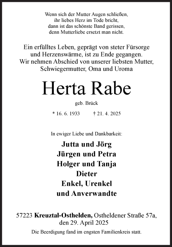 Traueranzeige von Herta Rabe von Siegener Zeitung
