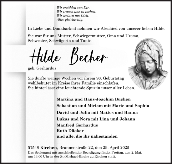 Traueranzeige von Hilde Becher von Siegener Zeitung