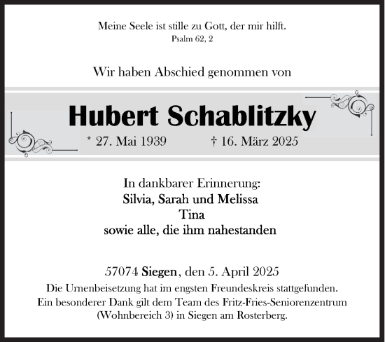 Traueranzeige von Hubert Schablitzky von Siegener Zeitung