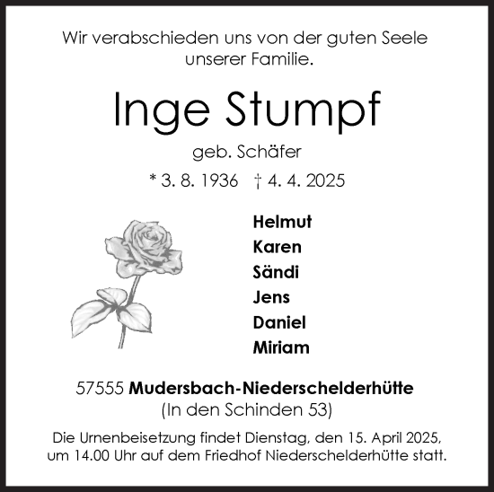 Traueranzeige von Inge Stumpf von Siegener Zeitung