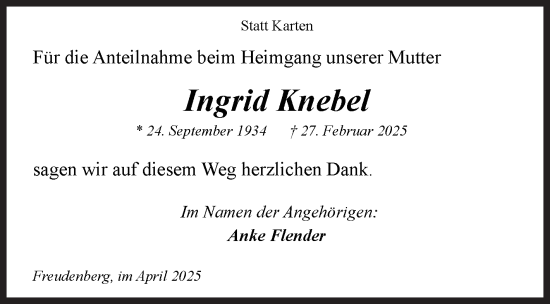 Traueranzeige von Ingrid Knebel von Siegener Zeitung
