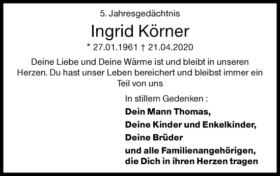 Traueranzeige von Ingrid Körner von Siegener Zeitung