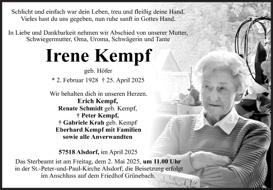 Traueranzeige von Irene Kempf von Siegener Zeitung
