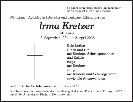 Traueranzeige von Irma Kretzer von Siegener Zeitung