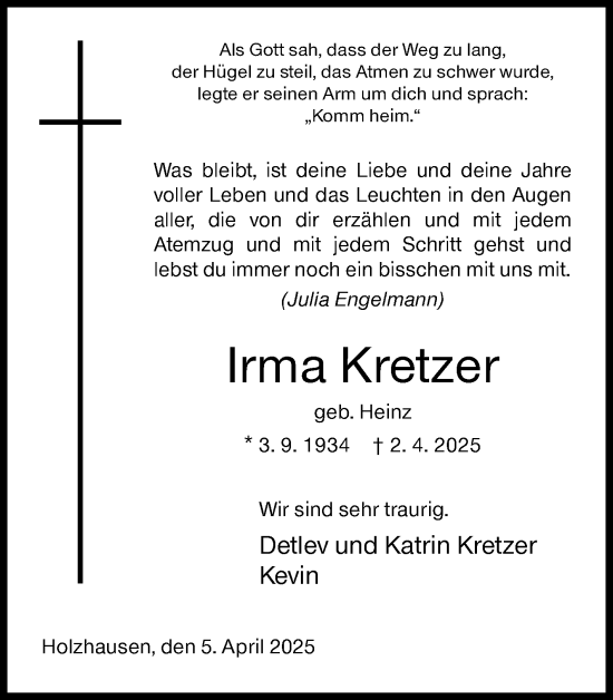 Traueranzeige von Irma Kretzer von Siegener Zeitung