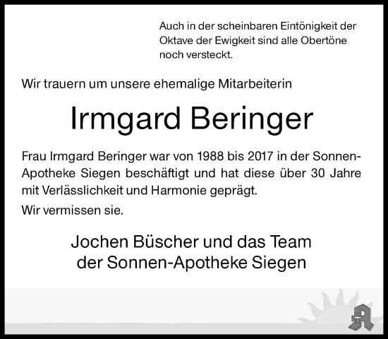 Traueranzeige von Irmgard Beringer von Siegener Zeitung