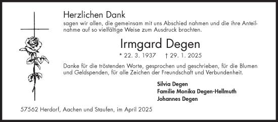 Traueranzeige von Irmgard Degen von Siegener Zeitung