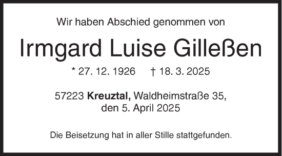 Traueranzeige von Irmgard Luise Gilleßen von Siegener Zeitung