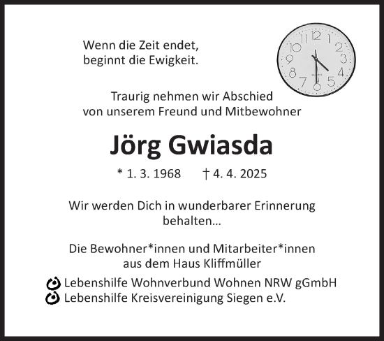 Traueranzeige von Jörg Gwiasda von Siegener Zeitung