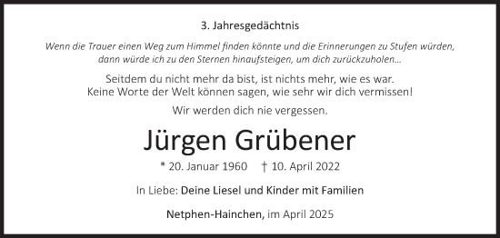 Traueranzeige von Jürgen Grübener von Siegener Zeitung