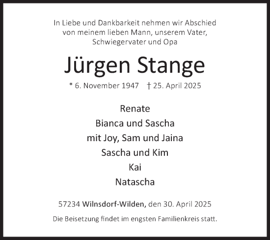 Traueranzeige von Jürgen Stange von Siegener Zeitung