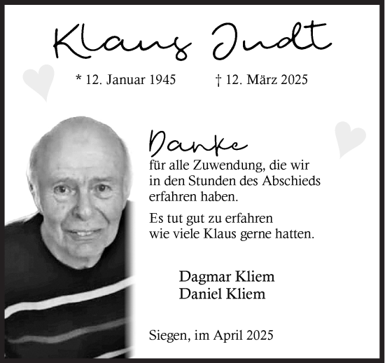 Traueranzeige von Klaus Judt von Siegener Zeitung