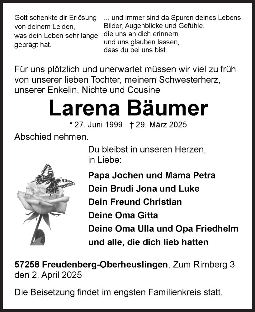  Traueranzeige für Larena Bäumer vom 02.04.2025 aus Siegener Zeitung