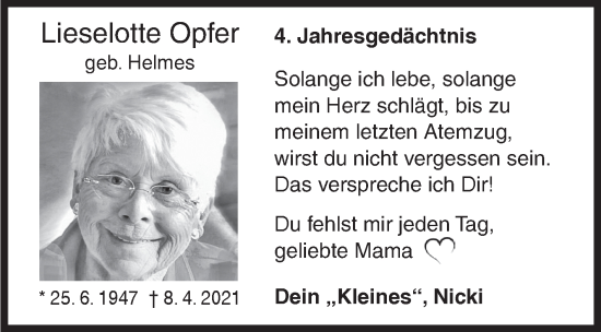 Traueranzeige von Lieselotte Opfer von Siegener Zeitung