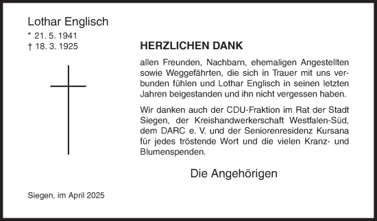 Traueranzeige von Lothar Englisch von Siegener Zeitung