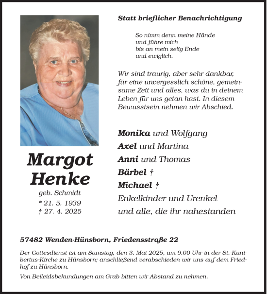 Traueranzeige von Margot Henke von Siegener Zeitung