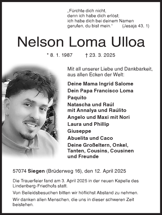Traueranzeige von Nelson Loma Ulloa von Siegener Zeitung