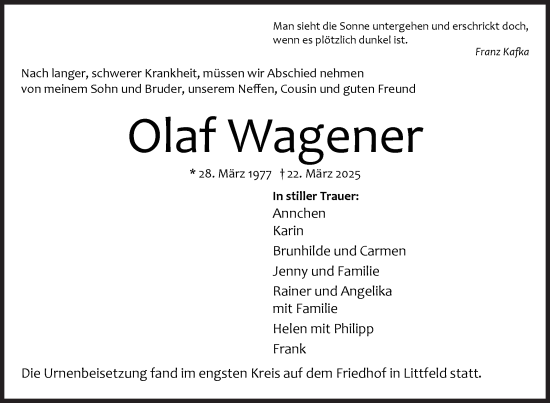 Traueranzeige von Olaf Wagener von Siegener Zeitung