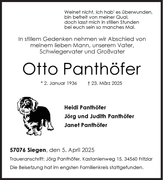 Traueranzeige von Otto Panthöfer von Siegener Zeitung