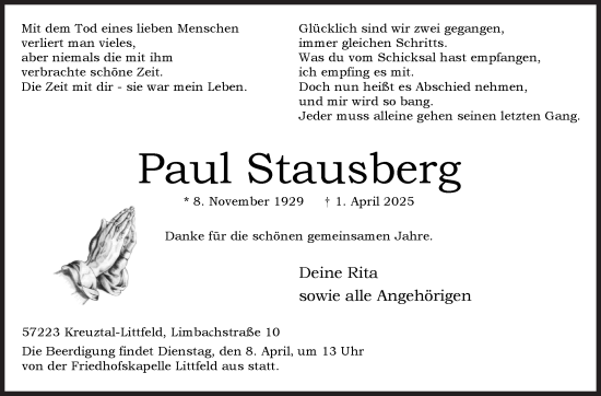 Traueranzeige von Paul Stausberg von Siegener Zeitung
