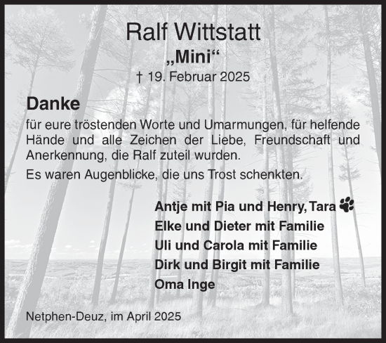 Traueranzeige von Ralf Wittstatt von Siegener Zeitung
