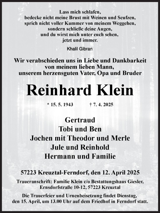 Traueranzeige von Reinhard Klein von Siegener Zeitung