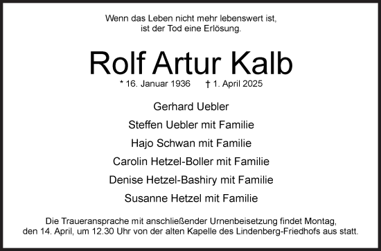 Traueranzeige von Rolf Artur Kalb von Siegener Zeitung