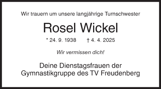 Traueranzeige von Rosel Wickel von Siegener Zeitung