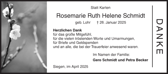 Traueranzeige von Rosemarie Ruth Helene Schmidt von Siegener Zeitung